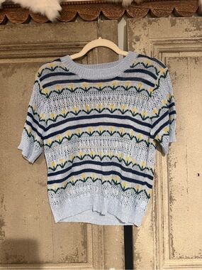 POL Light Blue Striped Knit Top with Yellow Floral Accents